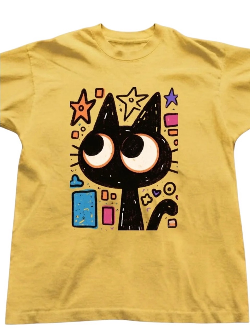 Gildan Yellow Tee with Black Cat Graphic and Multicolor Accents